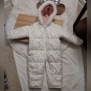 Carters baby girl white gold foil Ivory/white fleece lined hooded snowsuit 3/6 M